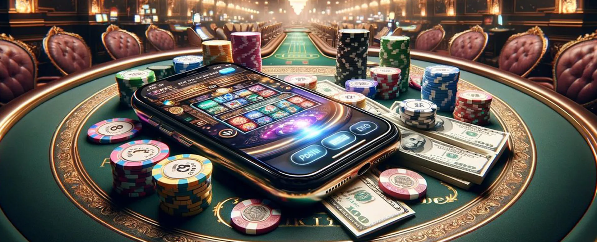 Dynamic background of a vibrant online casino with game elements
